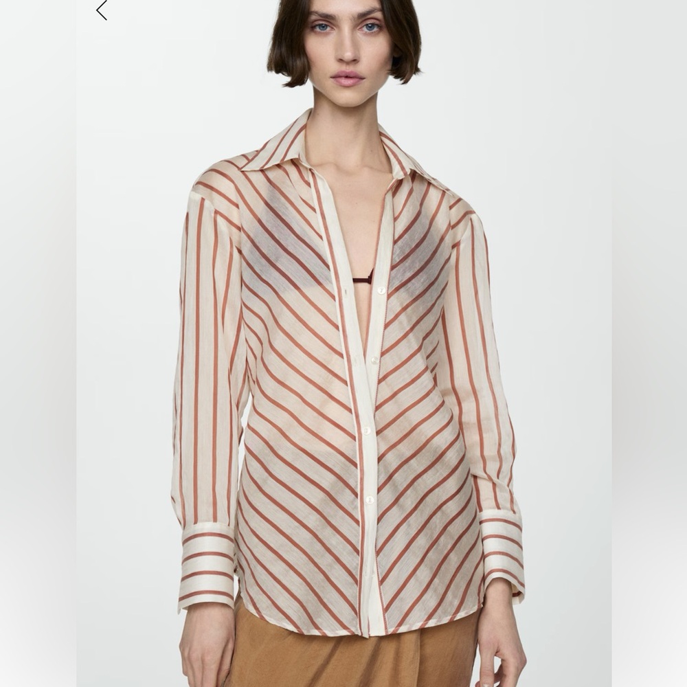 Mango semi-sheer Red and White Striped Button-Down Shirt
